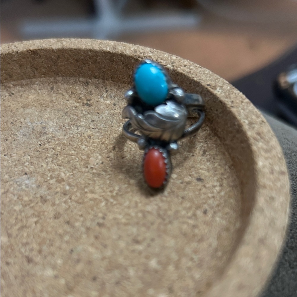 Turquoise and Coral Silver Ring